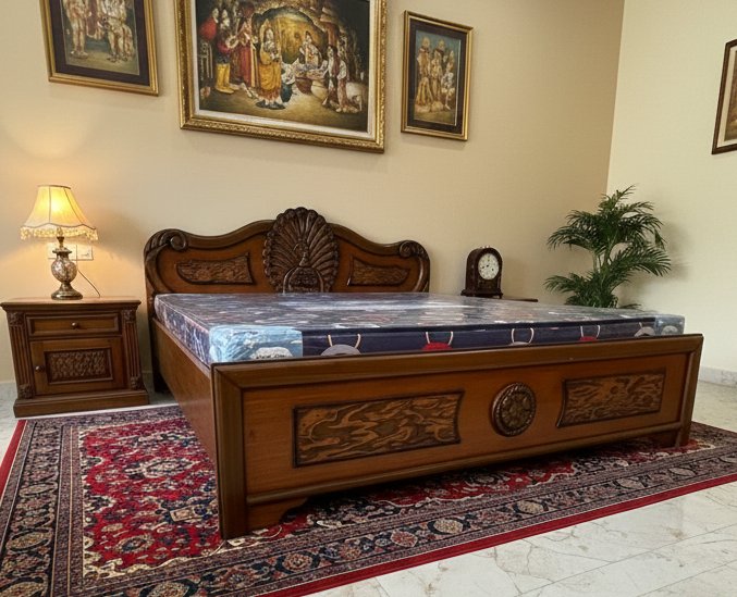 Premium Carved Wooden King Size Bed with Classic Headboard Design